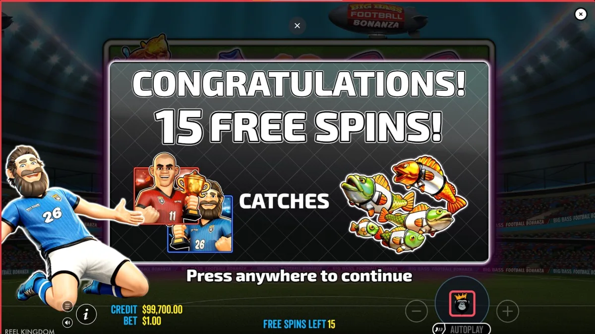 Tampilan visual slot Big Bass Football Bonanza dengan elemen sepak bola dan memancing.